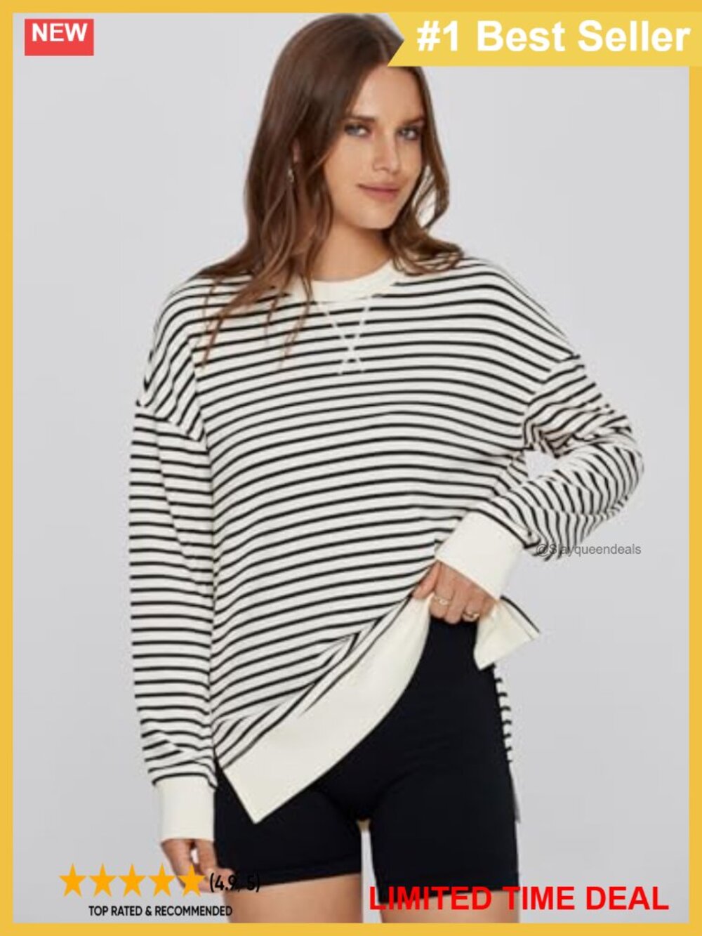 Oversized Striped Sweatshirt Long Sleeve Crewneck Pullover Casual Top - Picture 2 of 6